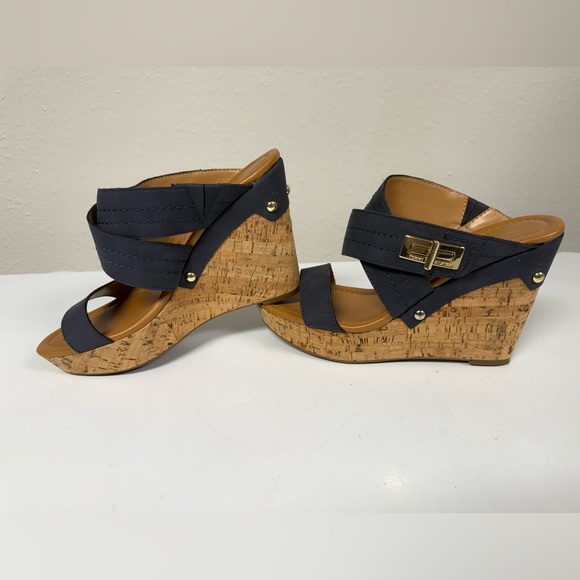 Tommy Hilfiger Mili 2 Wedge Sandal Blue Navy Strap Gold Heel Women 8.5 M - Picture 4 of 9